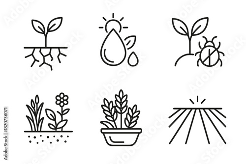Diverse Crop Resilience Icons. Line style icons of Crop Resilience Through Diversity: drought-resistant sprout, climate-adapted