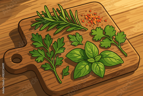 Herbs on Cutting Board. Rustic cutting board topped with fresh vector illustration herbs and chili flakes, illuminated by warm
