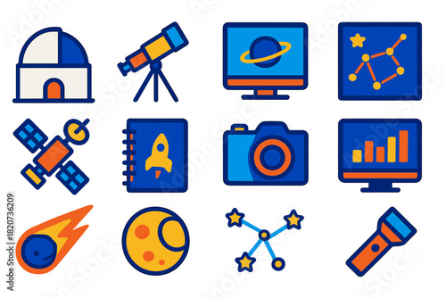 Astronomical Icon Set. Flat vector icons of Astronomical Research: Observatory, Telescope, Computer, Star Chart, Satellite,