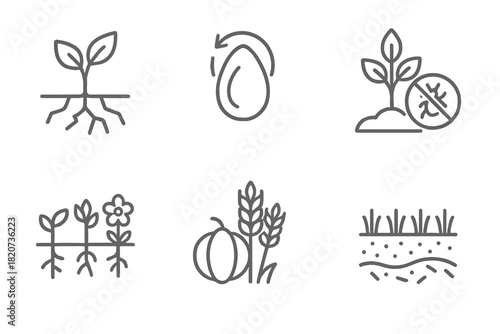 Diverse Crop Resilience Icons. Line style icons of Crop Resilience Through Diversity: drought-resistant sprout, climate-adapted