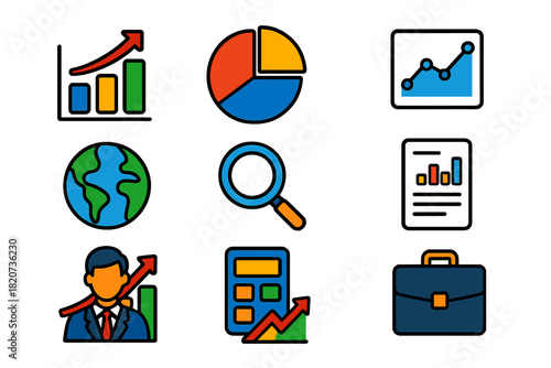 Flat Market Icons. Flat vector icons of Market Analysis: Graph, Pie Chart, Line Chart, Globe, Magnifying Glass, Report, Growth