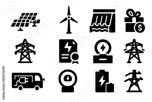 Renewable Energy Icons. Solid style icons of renewable energy policies: solar farm, wind turbine, hydroelectric dam, energy grid,