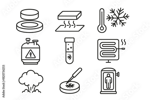 Cryogenics Line Icons. Line style icons of cryogenics research: superconductivity, levitation, cold, experiment; nitrogen tank,
