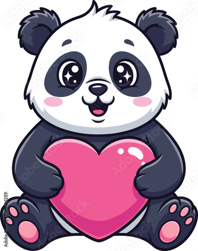 Cute baby panda sitting and happily holding a big pink heart, symbolizing love, affection, caring, romance, Valentine's Day greeting, and sweet childlike innocence in a friendly cartoon mascot design.