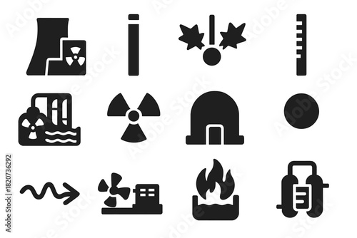 Nuclear Physics Icons. Solid style icons of nuclear physics: nuclear reactor, uranium fuel rod, fission fragment, control rod,