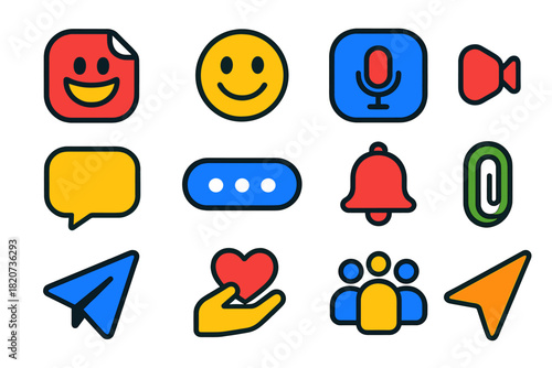 Colorful Messaging Icons. Flat vector icons of Messaging Features: Sticker, Emoji, Voice Note, Video Call, Chat Bubble, Typing