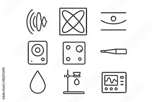 Acoustic Experiment Icons. Line style icons of Acoustic Experiments: Sound Wave, Resonance Pattern, Levitated Droplet,