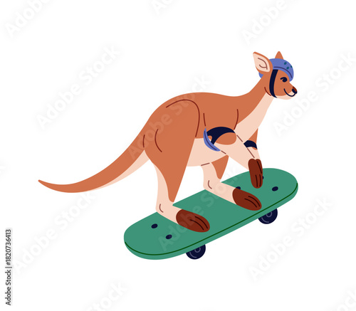 Funny teen kangaroo in safety helmet is skateboarding. Cute wallaby skates on board on streets. Australian animal skater rides, does sports. Flat isolated vector illustration on white background