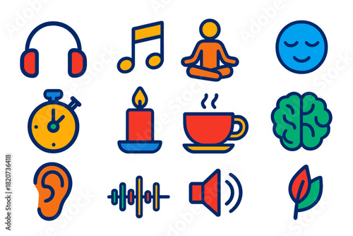 Stress Relief Icons. Flat vector icons of Stress Relief: Headphones, Relaxing Music Note, Meditation Pose, Calm Face, Timer, Spa