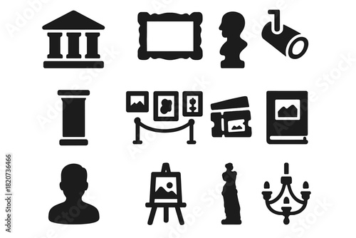 Art Museum Icons. Solid style icons of art museums: museum building, painting frame, sculpture, pedestal, gallery wall, spotlight,