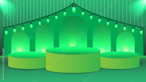 Green stage with pedestals and string lights