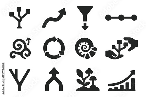 Conceptual Evolution Icons. Solid style icons of theory of conceptual evolution: branching tree of ideas, mutation arrow,