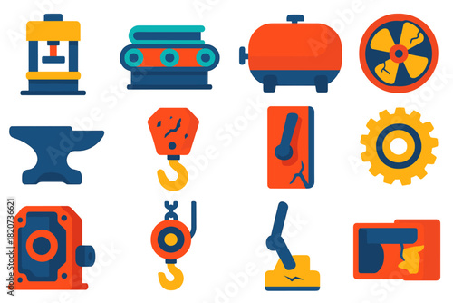 Industrial Equipment Icons. Flat vector icons of Old Factory Equipment: steel press, conveyor roller, boiler tank, broken fan,