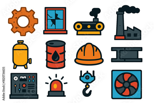 Forgotten Industry Icons. Flat vector icons of Forgotten Industry: rusted gear, broken factory window, conveyor belt, smokestack,