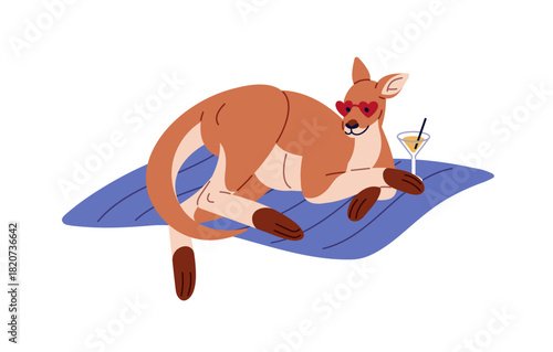 Happy kangaroo is lying on blanket and sunbathing on beach in summer. Cute australian animal relaxes on coast with cocktail. Funny character has a rest. Flat isolated vector illustration on white