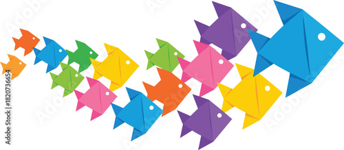 Origami fish school, colorful aquatic vector, geometric sea life, swirling motion design, paper style illustration, marine unity graphic, vibrant underwater art