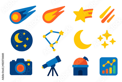 Meteor Shower Icons. Flat vector icons of Meteor Shower Concepts: Comet, Meteor, Shooting Star, Trail, Night Sky, Constellation,