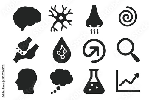 Sensory Neuroscience Icons. Solid style icons of sensory neuroscience and smell perception: brain, neuron, nose, synapse, chemical