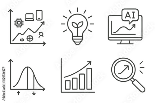 Tech Trends Icons. Line style icons of Predicting Technological Trends: trend graph with tech icons, emerging innovation bulb, AI