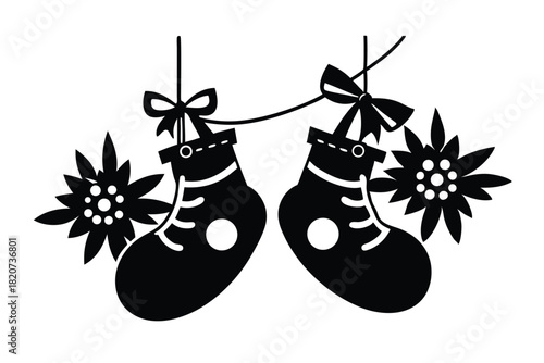 Two black silhouette stockings hang with bows and flowers; a simple, charming vector