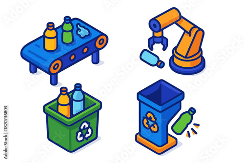 Isometric Recycling Illustration. Isometric vector illustration set Plastic Sorting Process: Conveyor belt with items, robotic arm