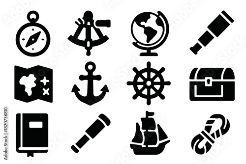 Navigation Icon Set. Solid style icons of exploration voyages: compass, sextant, globe, telescope, map, anchor, ship wheel, supply