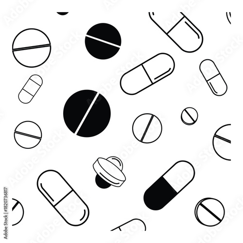 Seamless pattern of various black and white medical pills and capsules