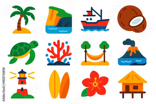 Volcanic Island Icons. Flat vector icons of volcanic island life: palm tree, coastal cliff, fishing boat, coconut, sea turtle,