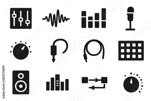 Audio Engineering Icons. Solid style icons of Audio Engineering: Mixer Fader, Sound Wave, Equalizer, Microphone Stand, Control
