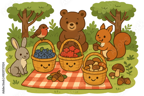 Woodland Picnic Celebration. Forest picnic with smiling baskets full of berries, nuts, and mushrooms, and woodland animals joining