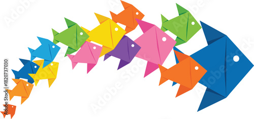 Origami fish school, colorful aquatic vector, geometric sea life, swirling motion design, paper style illustration, marine unity graphic, vibrant underwater art