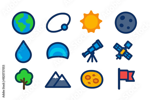 Habitable Planet Icons. Flat vector icons of Habitable Planets: Earth-like Planet, Orbit Path, Sun, Moon, Water Drop, Atmosphere
