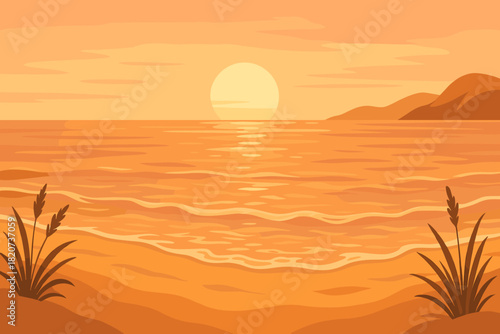 Sunset Beach Tranquility. Scenic beach at sunset with soft golden light reflecting on gentle waves, tranquil and serene tones,