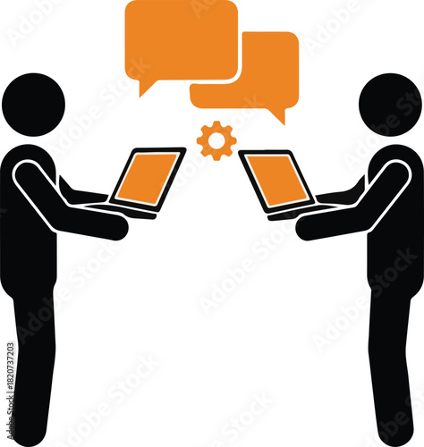 Two people are communicating with each other using laptops isolated on white background