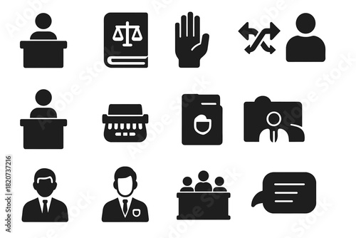 Courtroom Procedure Icons. Solid style icons of courtroom procedures: witness stand, legal book, oath hand, cross-examination