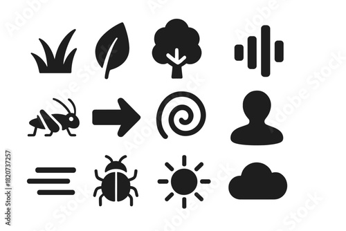 Natural Habitat Icons. Solid style icons of acoustic environment and habitat: grass, leaf, tree, sound wave, cricket, arrow,