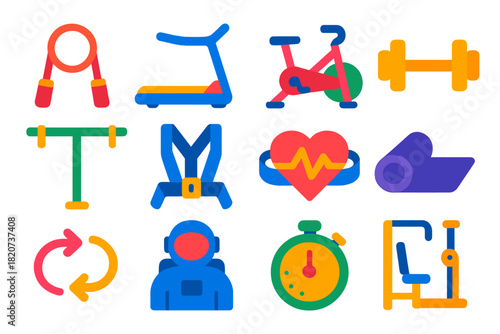 Space Exercise Icons. Flat vector icons of exercise in space: resistance band, treadmill, bicycle, dumbbell, pull-up bar, harness,