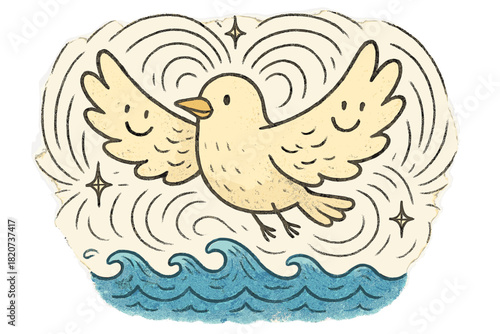 Whimsical Migratory Bird. Whimsical doodle migratory bird with smiling wings, cartoon magnetic field lines swirling around, tiny