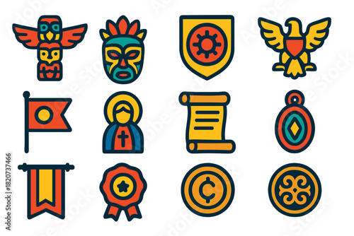 Cultural Symbols Icons. Flat vector icons of Cultural Symbols: Totem, Mask, Emblem, Crest, Flag, Icon, Scroll, Amulet, Banner,
