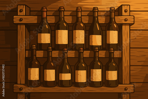 Vintage Wine Display. Rustic wooden wine rack filled with vintage bottles, warm golden lighting creating an inviting atmosphere,