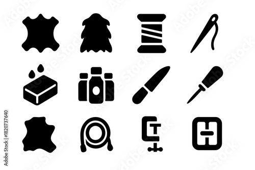 Raw Material Icons. Solid style icons of Raw Materials: Tanned Hide, Fur Pelt, Thread Spool, Needle, Wax Block, Dyes, Knife, Awl,