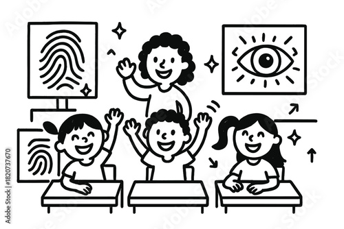 Joyful Biometric Classroom. Joyful doodle biometric classroom with smiling students, cartoon fingerprint charts, cheerful iris