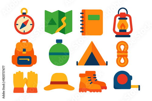 Fieldwork Essentials Icons. Flat vector icons of Fieldwork Essentials: compass, map, field notebook, lantern, backpack, water