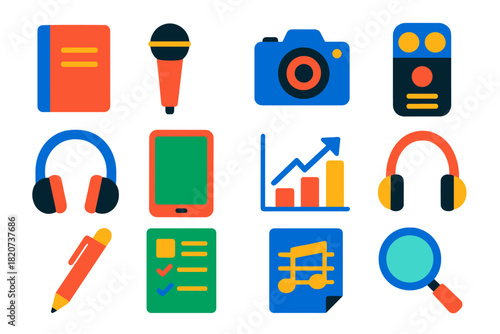 Ethnomusicology Tools Icons. Flat vector icons of Ethnomusicology Research: Notebook, Microphone, Camera, Audio Recorder,