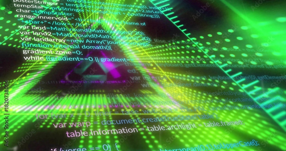 Fototapeta premium Pulsing neon green triangular light forming tunnel in virtual HUD, with overlaid code, grid, ruler