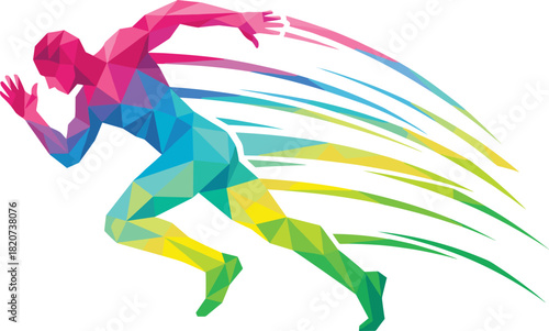 Polygon sprinting figure, abstract athlete design, colorful motion art, dynamic sports vector, fitness energy graphic, running pose illustration, modern style