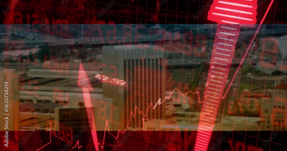 Fototapeta premium Displaying red market chart overlaying midrise rooftops, showing bars, line graph, grid and arrow
