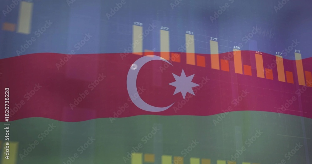 Obraz premium Displaying bar charts over Azerbaijan flag on screen with crescent and eight-point star, gridlines