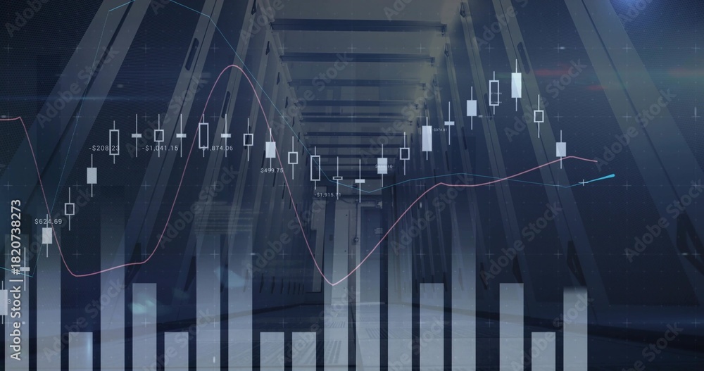 Fototapeta premium Projecting financial charts across modern corridor, featuring faint candlestick, histogram, beams