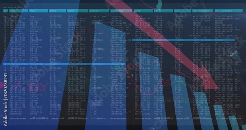Displaying dashboard showing tabular data on blue background with IPs, rising bars and red arrow